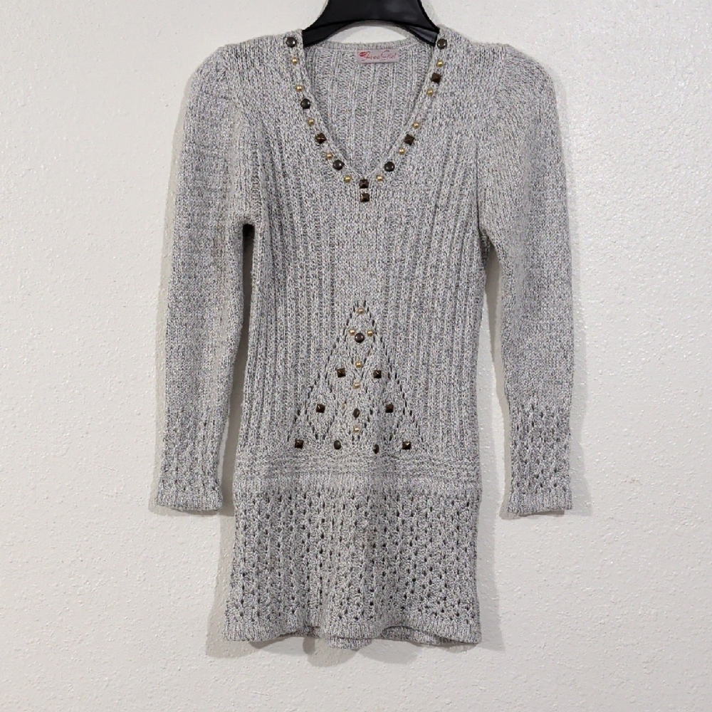 Gray Knit Sweater Dress with Beaded Accents